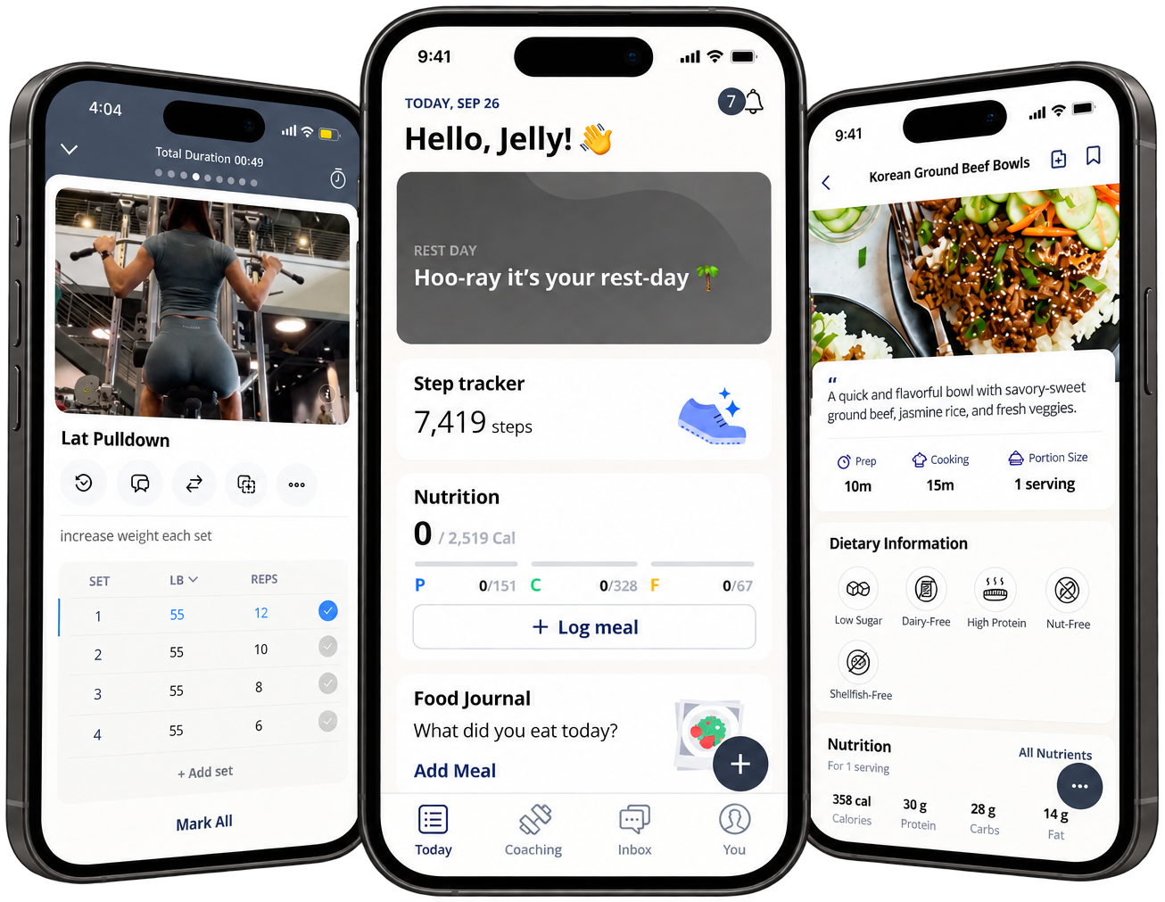 HJKfitness coaching app showing a workout tracker, today's dashboard with step tracker and nutrition, and a recipe with nutrition information
