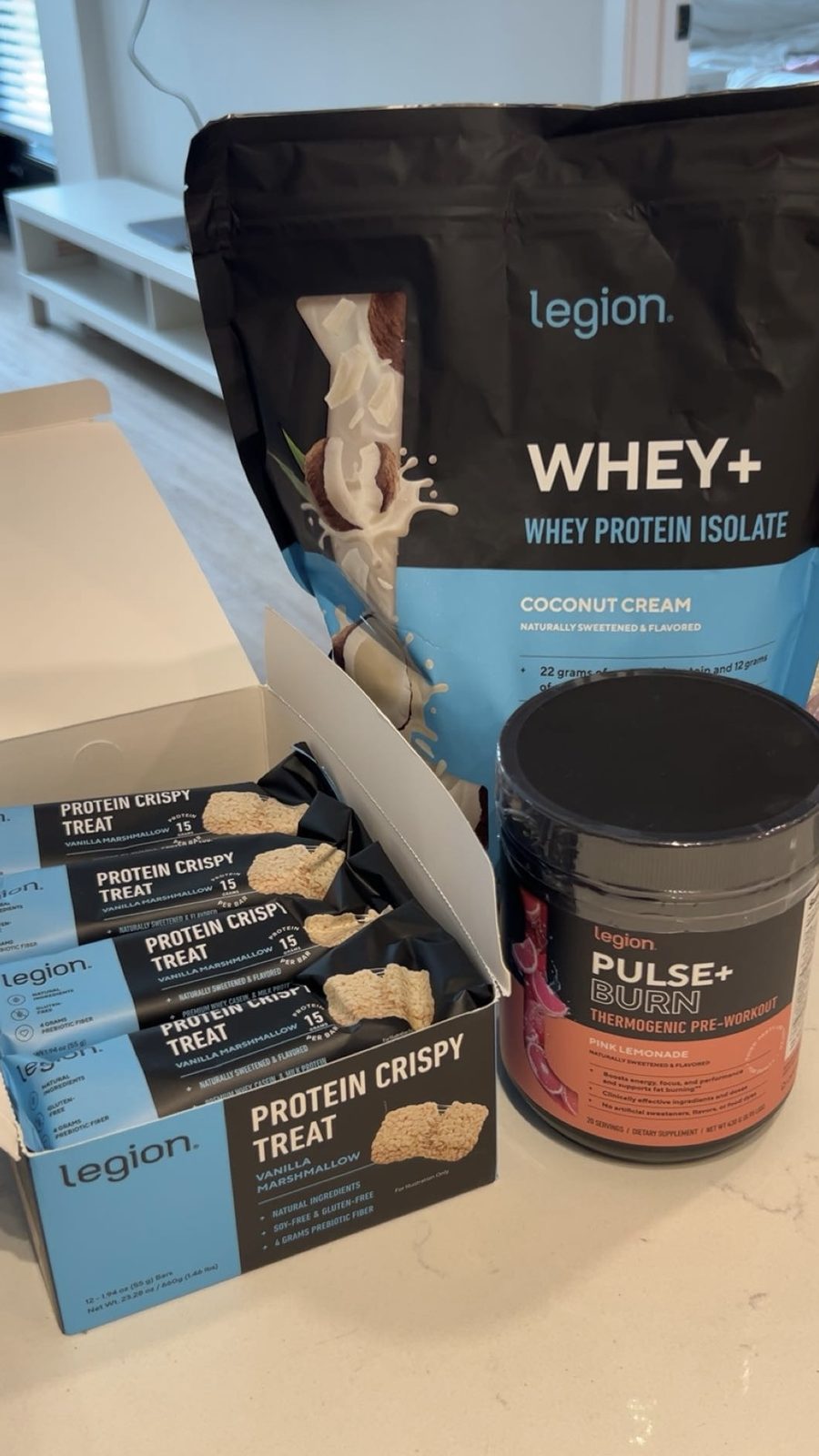Legion Whey+, Pulse+ Burn, and Protein Crispy Treats